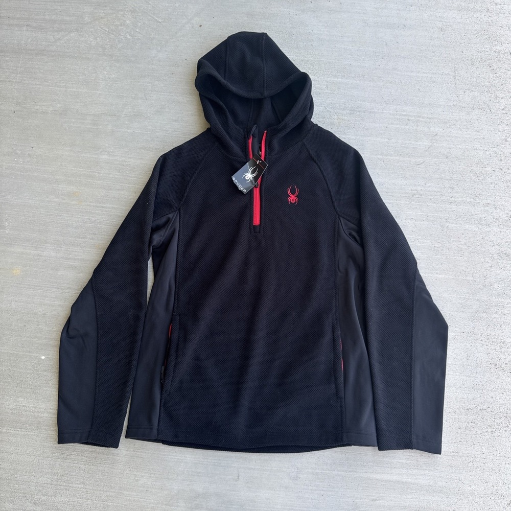 Spyder Hooded Pullover Mens Large Black Quarter Zip Long Sleeve Stretch NWT New